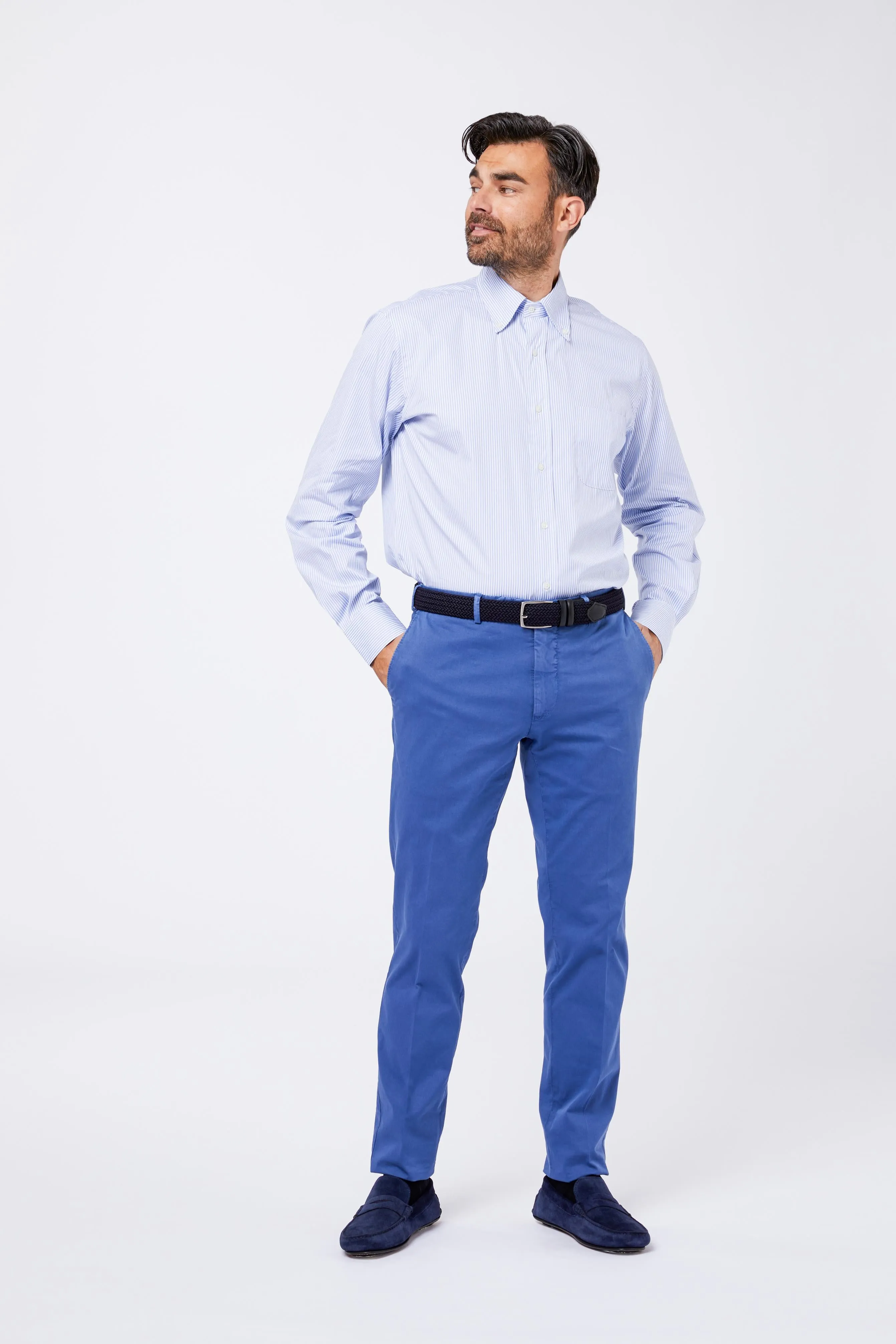 Camicia Celeste Cotone Popelinel Collo Button Down sold by principe di firenze