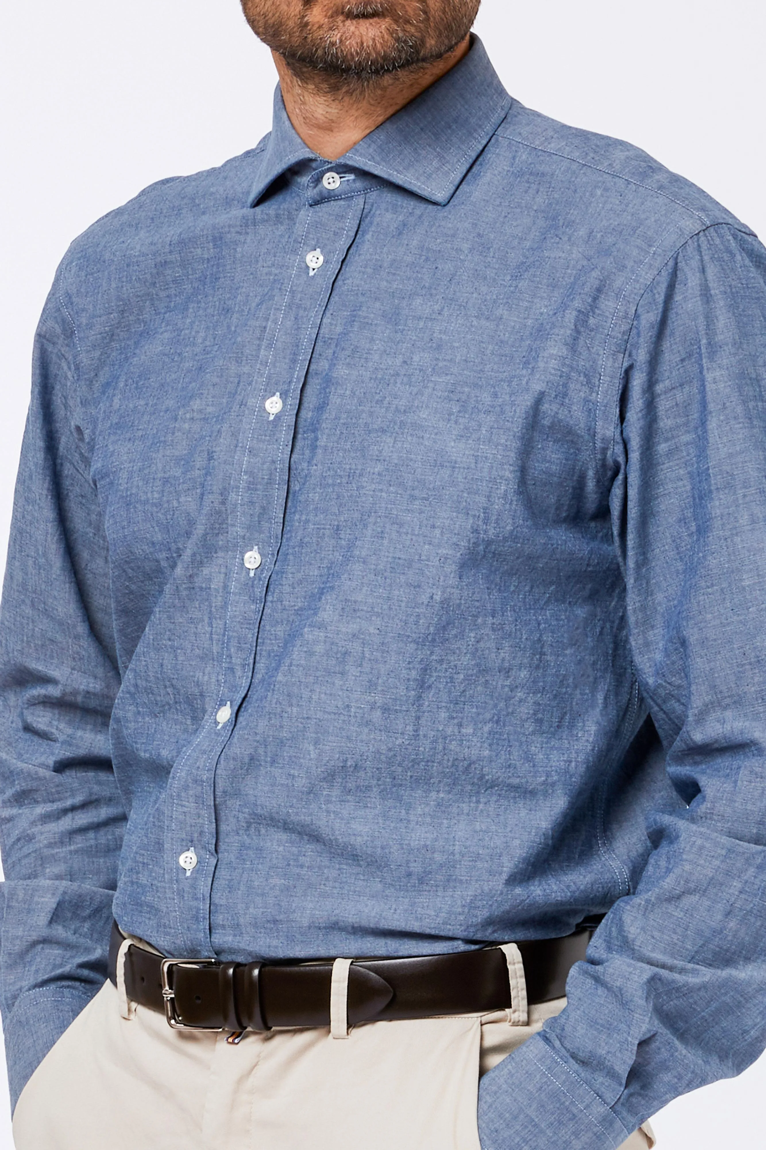 Camicia Celeste Cotone Chambray Unito Collo Francese sold by principe di firenze product image thumbnail 4