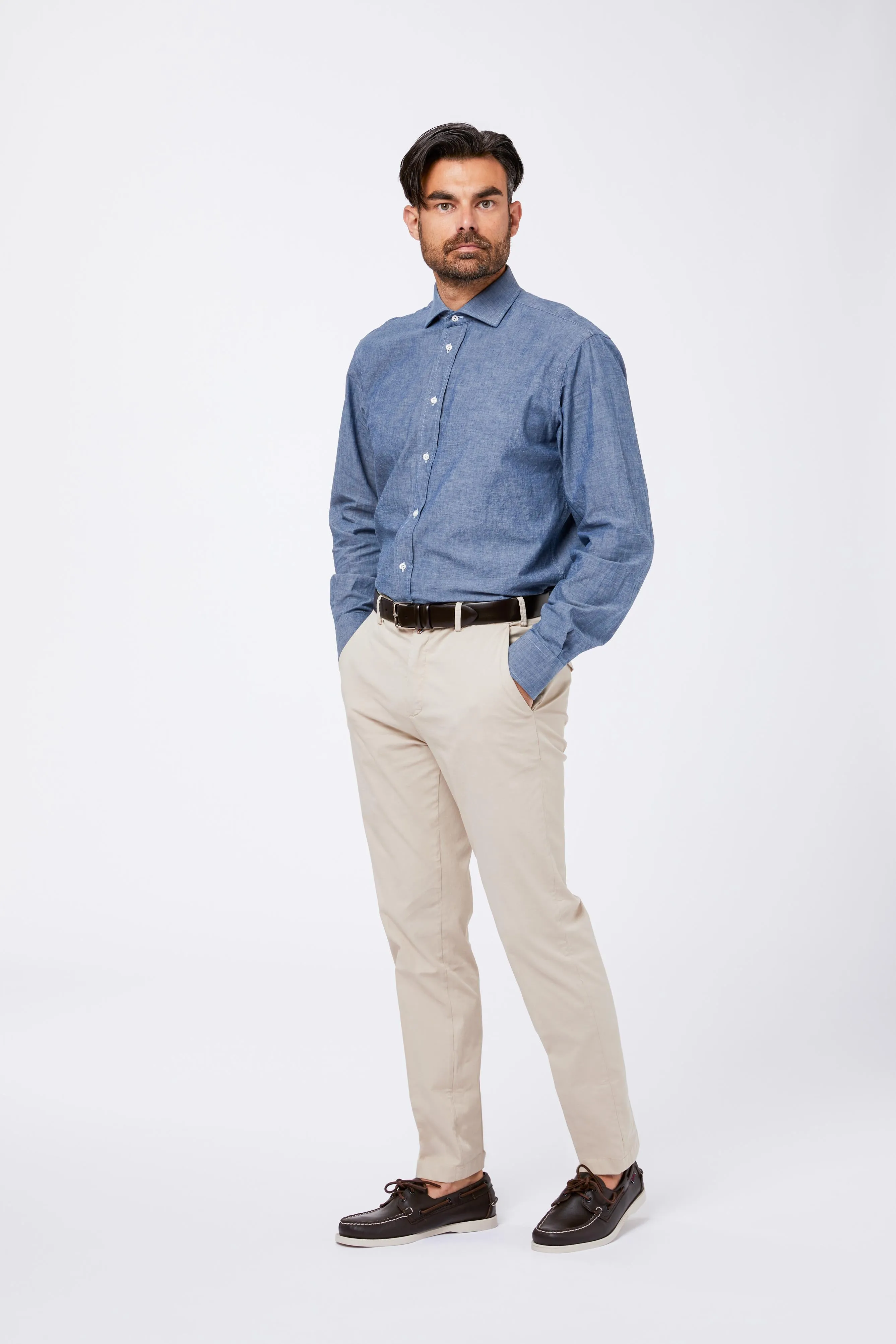 Camicia Celeste Cotone Chambray Unito Collo Francese sold by principe di firenze