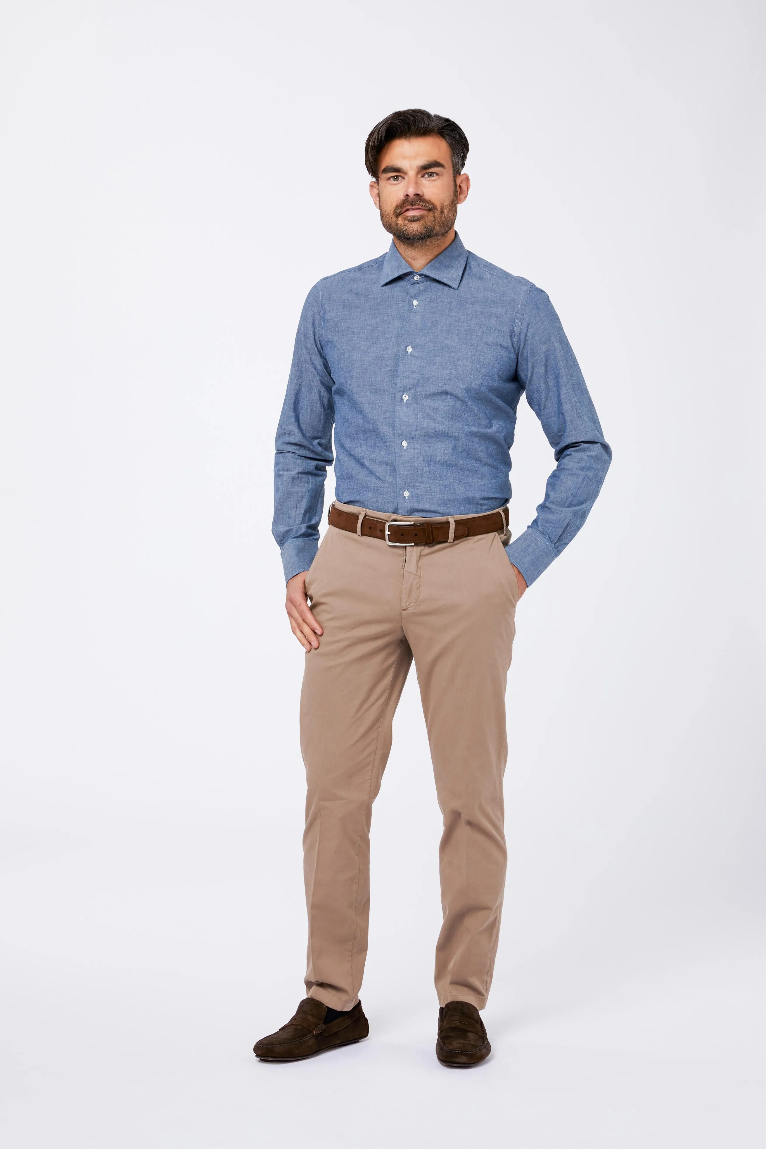 Camicia Celeste Cotone Chambray Unito Collo Mezzo Francese sold by principe di firenze