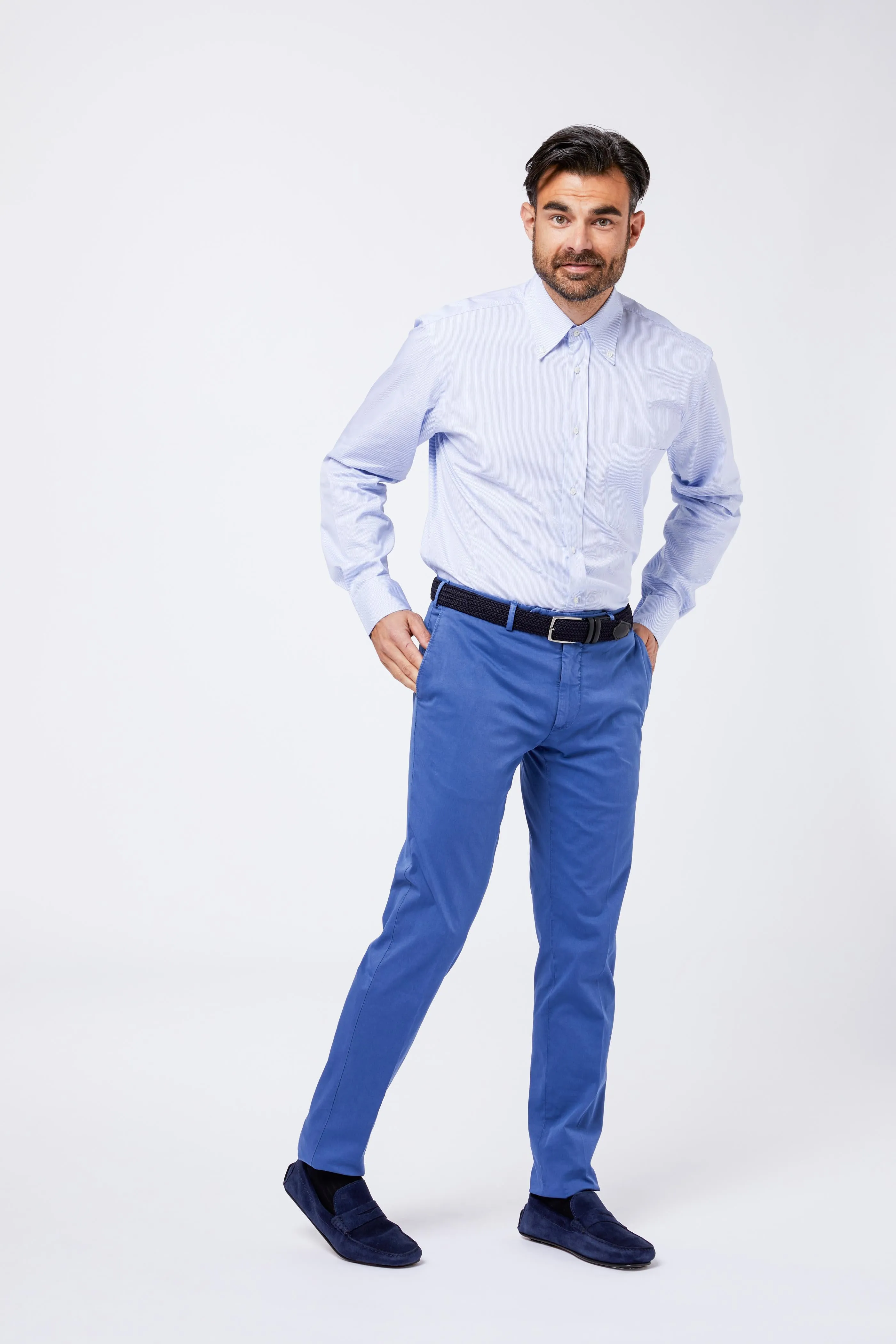 Camicia Celeste Cotone Bastoncino Collo Button Down sold by principe di firenze