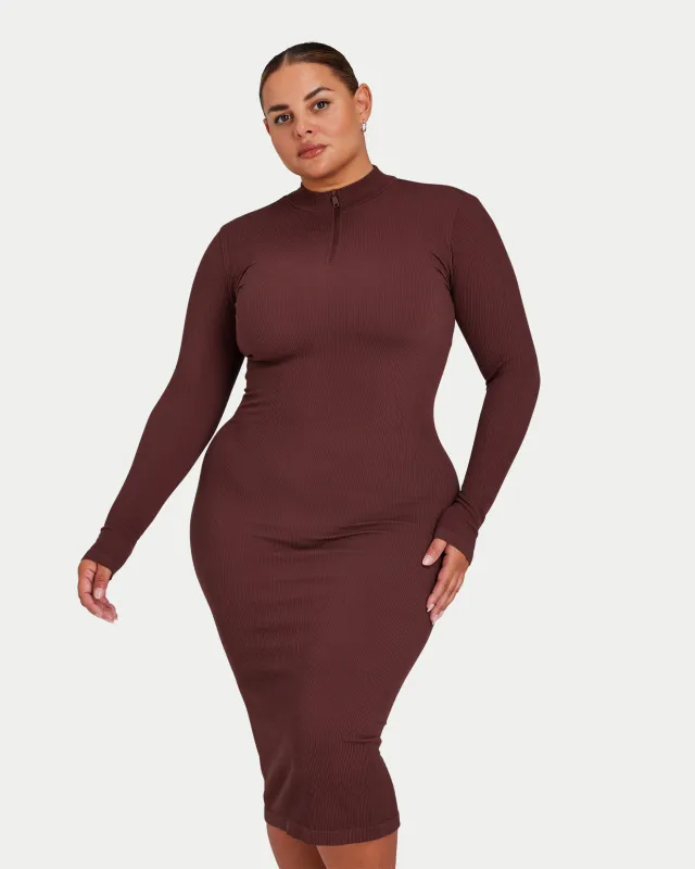 Womens Ribbed Base Long Sleeve Midi Dress made by HERA