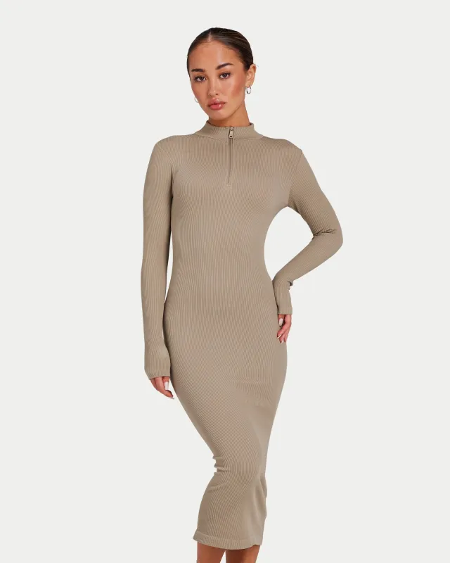 Womens Ribbed Base Long Sleeve Midi Dress made by HERA