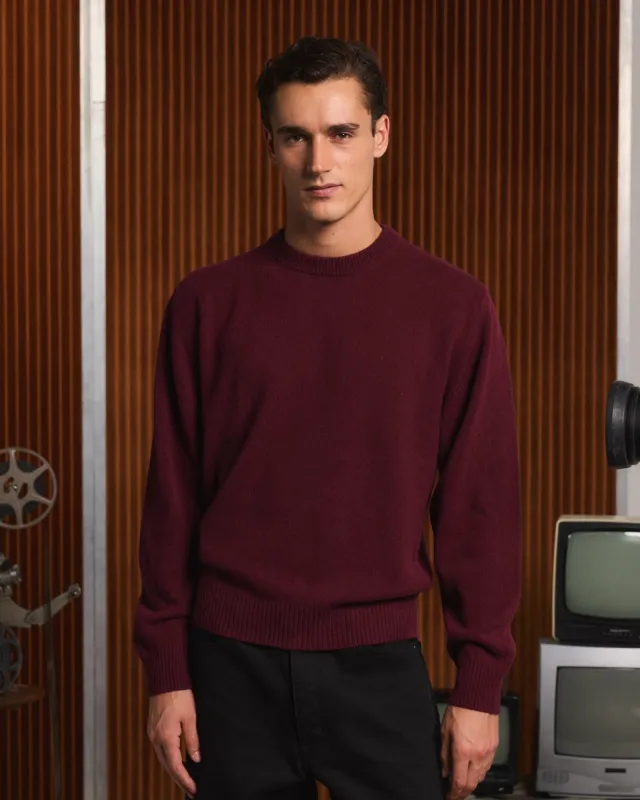 Pull col rond en laine mérinos supergeelong bordeaux made by Hast Paris