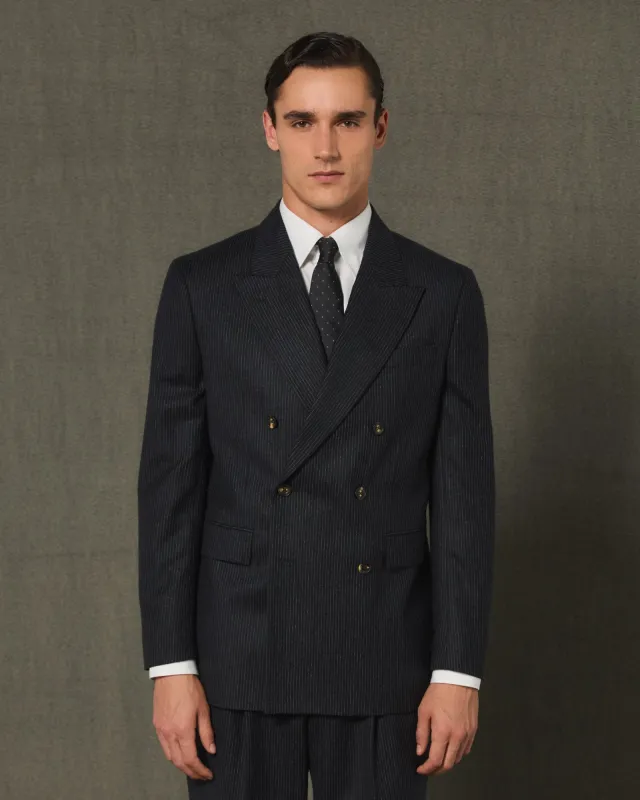 Veste croisée marine en flanelle de laine rayée made by Hast Paris
