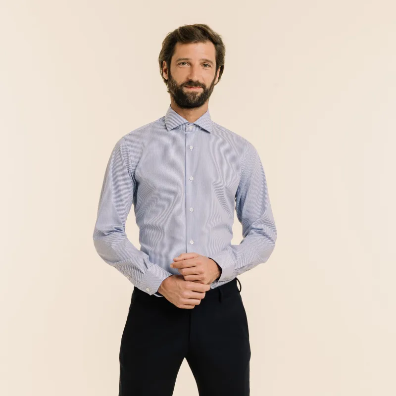 Chemise premium cintrée en twill double retors à rayures bleues made by Hast Paris