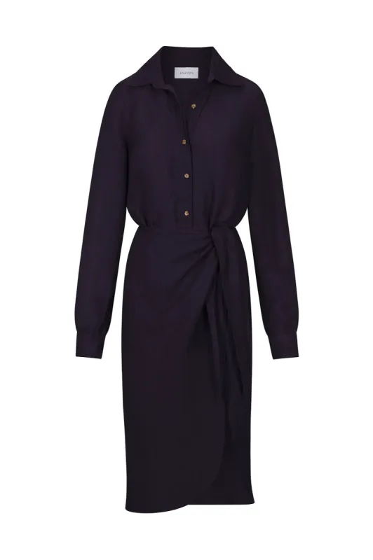 L.A. Button Down Asymmetric Wrap Midi Dress in Cupro Linen Blend sold by Anemos
