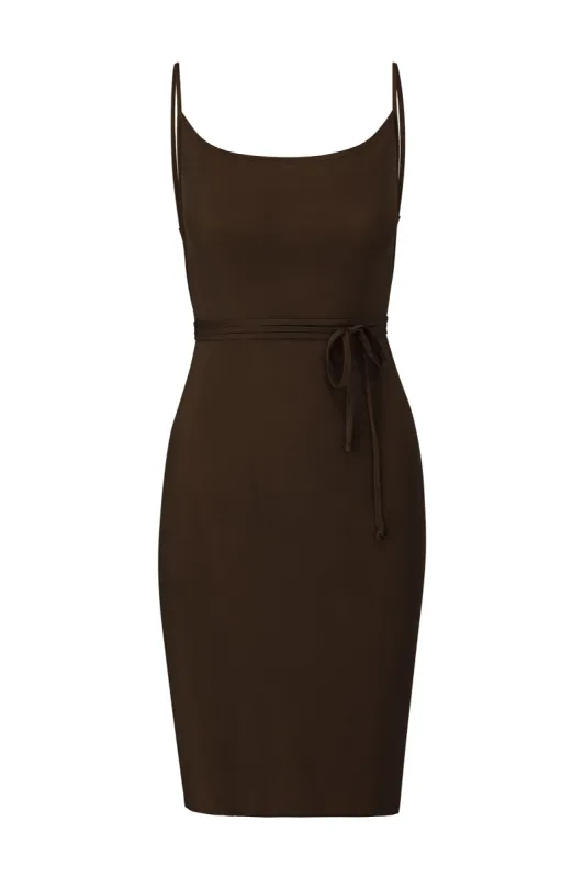 K.M. Tie Midi Dress in Stretch Cupro sold by Anemos