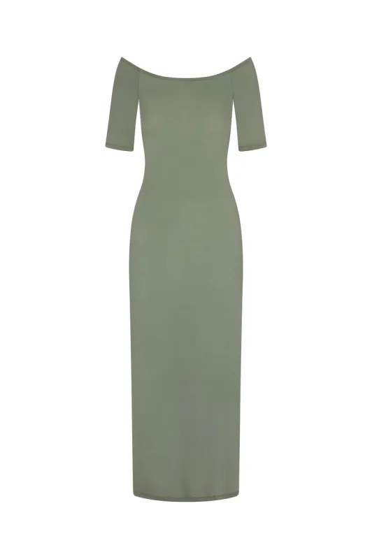 Carolyn Off The Shoulder Midi Dress in Luxe Cupro Jersey sold by Anemos