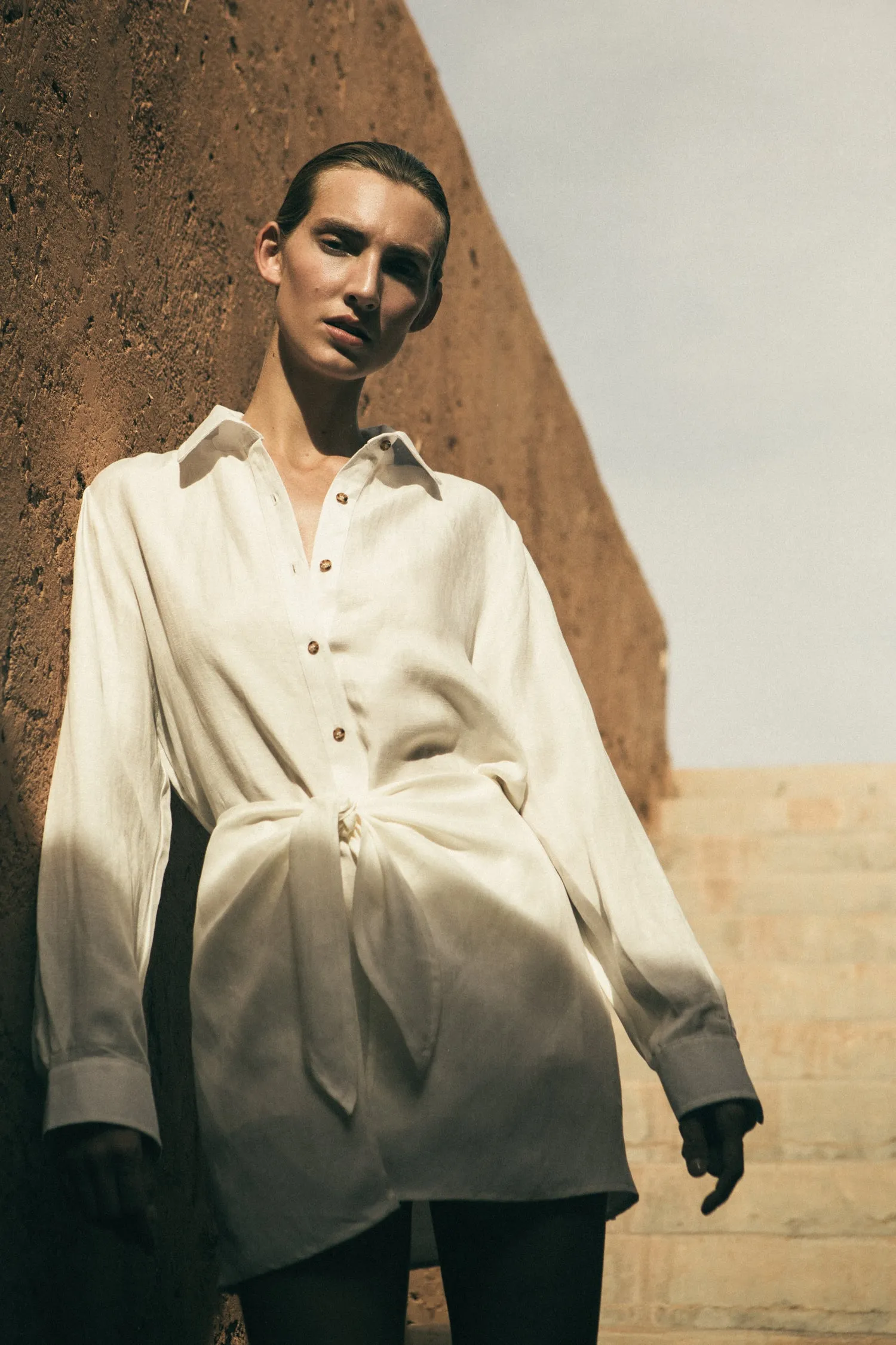 L.A. Button-Down Wrap Mini Dress in Cupro Linen Blend sold by Anemos product image thumbnail 2