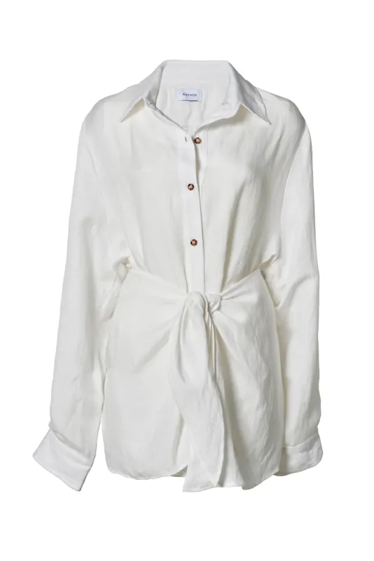 L.A. Button-Down Wrap Mini Dress in Cupro Linen Blend sold by Anemos