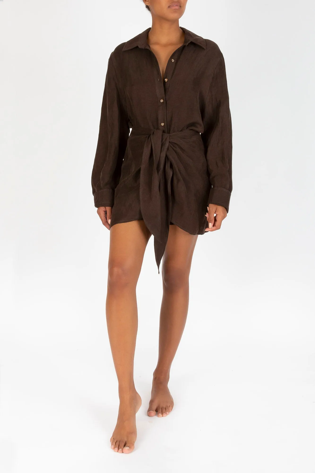 L.A. Button-Down Wrap Mini Dress in Cupro Linen Blend sold by Anemos product image thumbnail 4