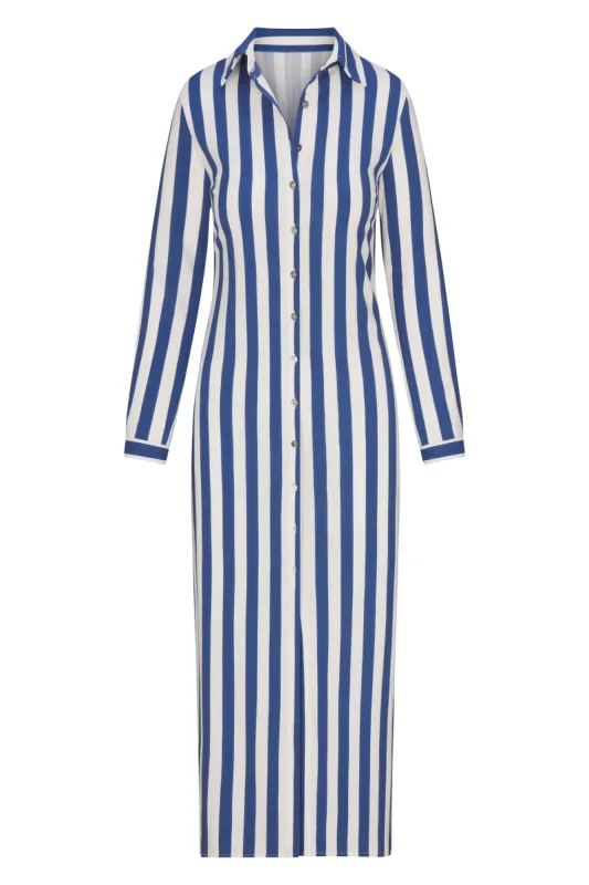 Collared Button-Down Maxi Shirt Dress in Striped Stretch Twill made by Anemos