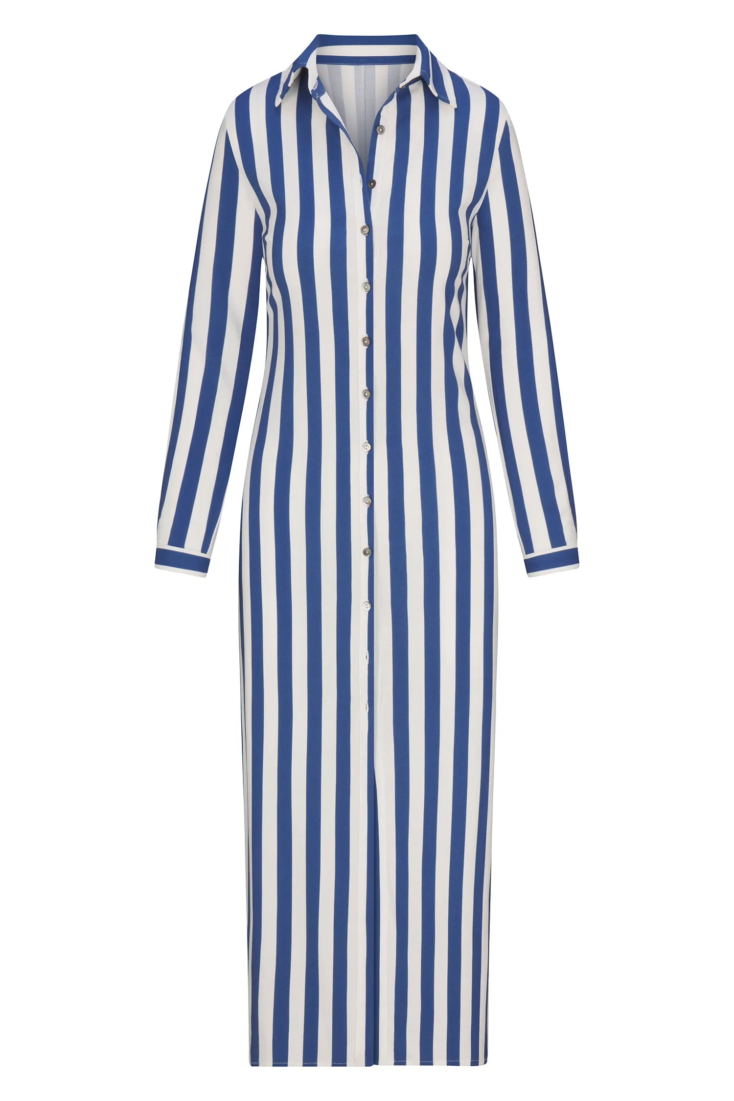 Collared Button-Down Maxi Shirt Dress in Striped Stretch Twill sold by Anemos