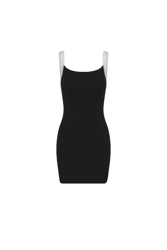 Square Neck Mini Tank Dress In Black & White Contrast Strap Jersey sold by Anemos