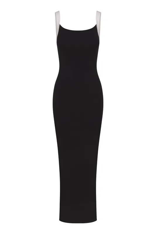 Square Neck Maxi Tank Dress In Black & White Contrast Strap Jersey sold by Anemos
