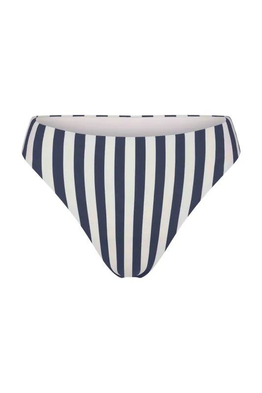 Midi High-Cut Bikini Bottom in Marine Vertical Stripes sold by Anemos