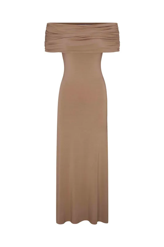 Ruched Off-The-Shoulder Maxi Dress in Compact Jersey sold by Anemos