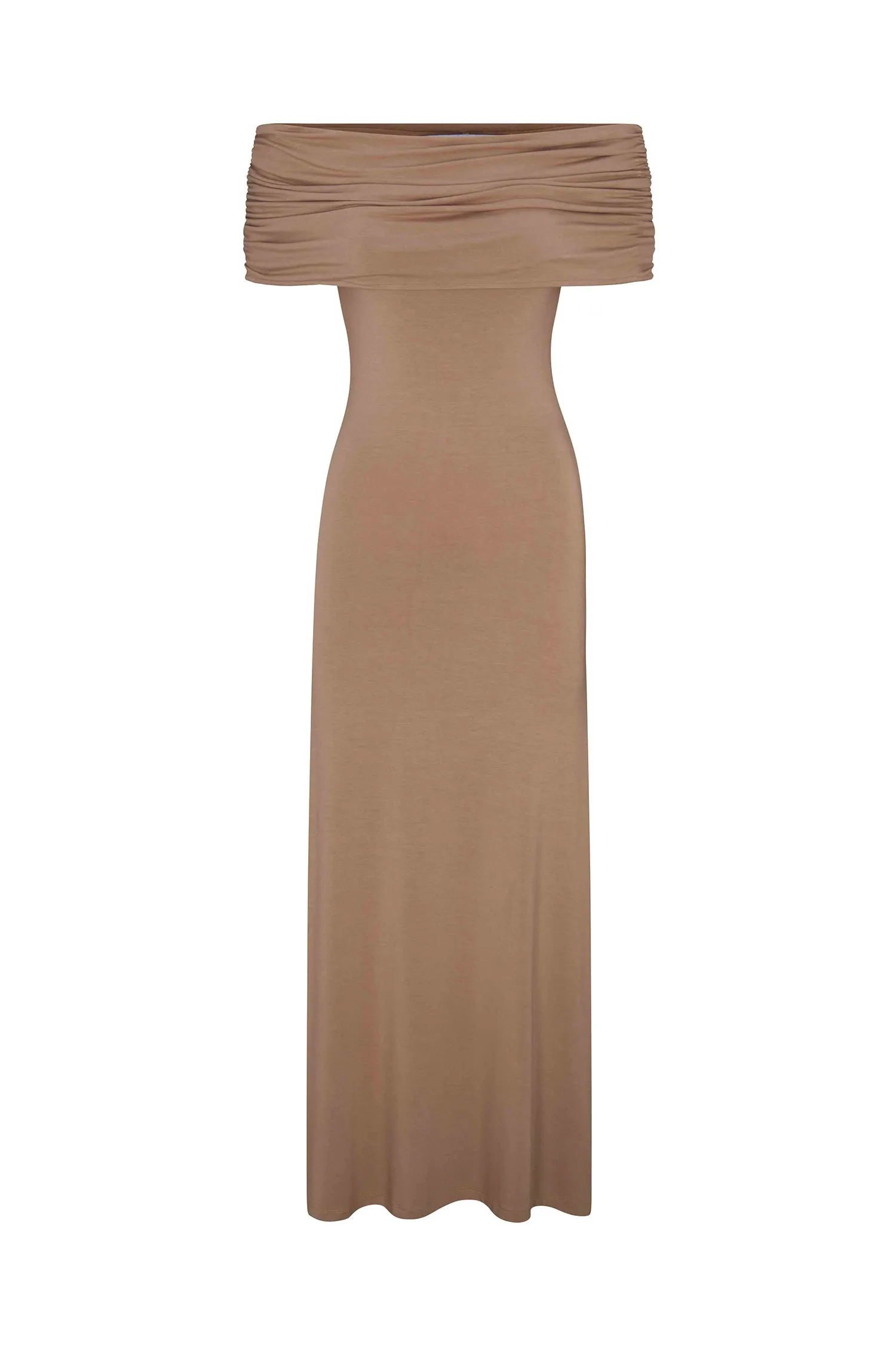 Ruched Off-The-Shoulder Maxi Dress in Compact Jersey sold by Anemos