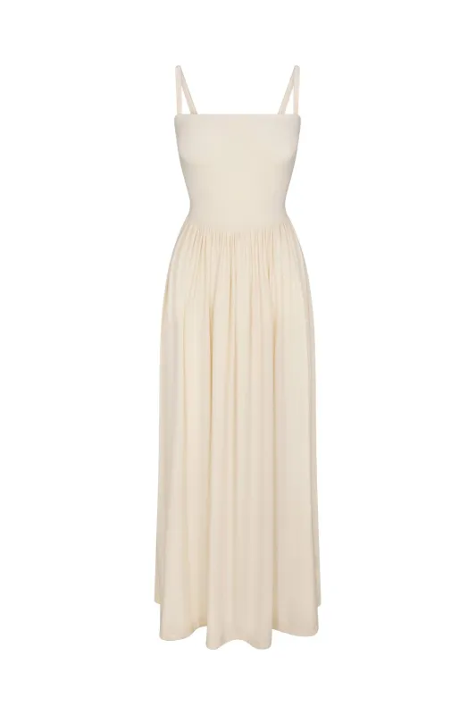 Square Neck Gathered A-Line Maxi Dress in Compact Jersey sold by Anemos