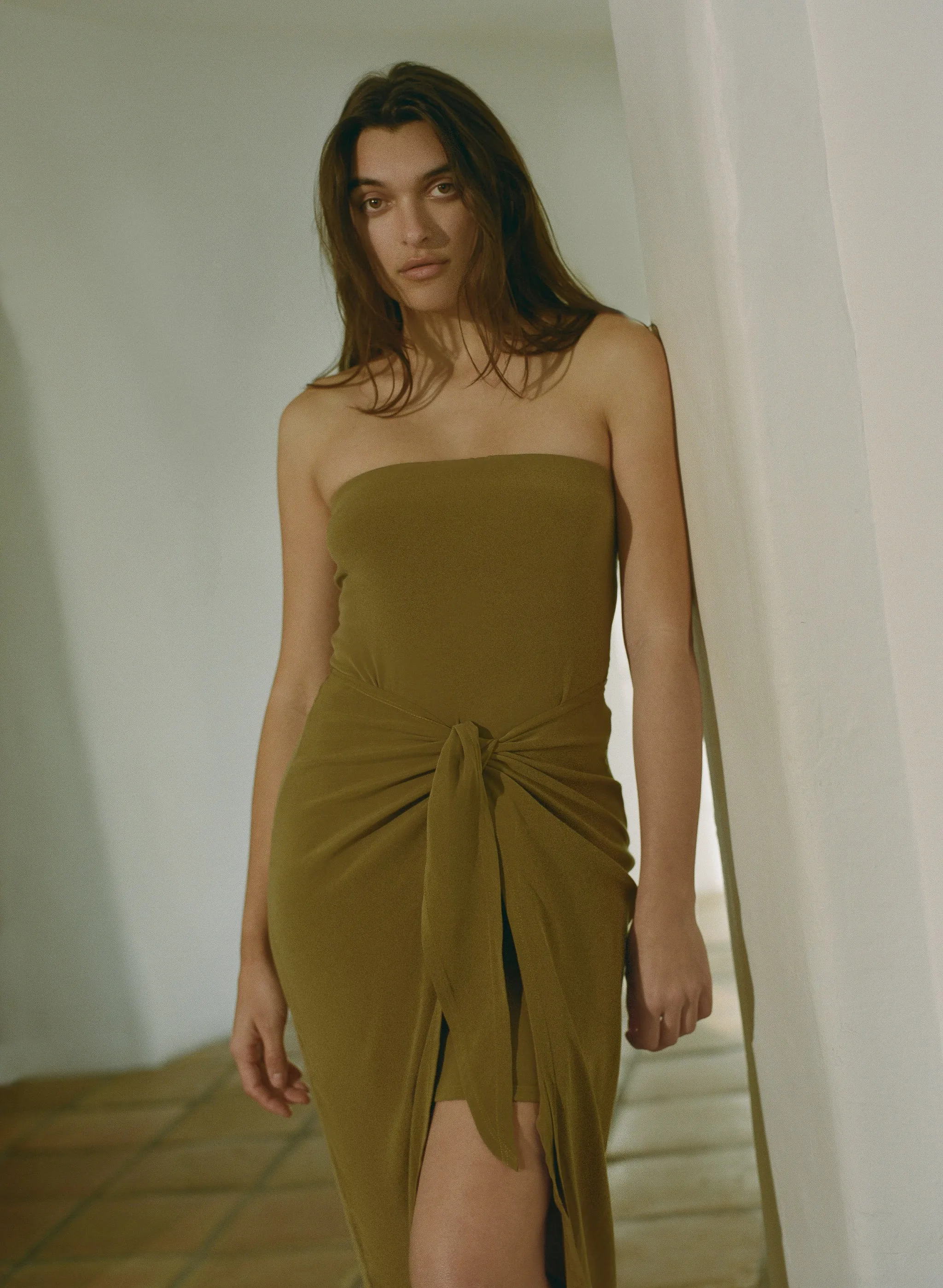 Strapless D.K. Midi Wrap Dress in Stretch Cupro sold by Anemos product image thumbnail 2