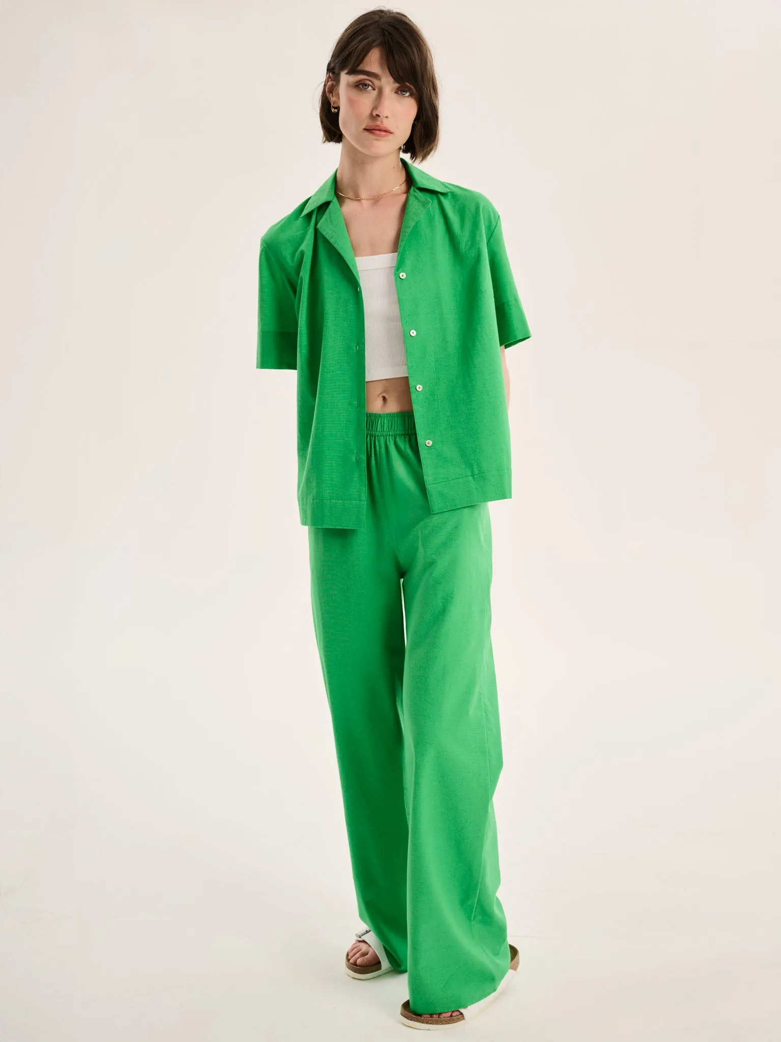 Ramela Elasticated Waist Linen Trouser in Green sold by Omnes