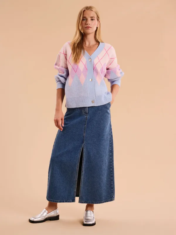 Henni Fluffy Argyle Cardigan in Cream made by Omnes