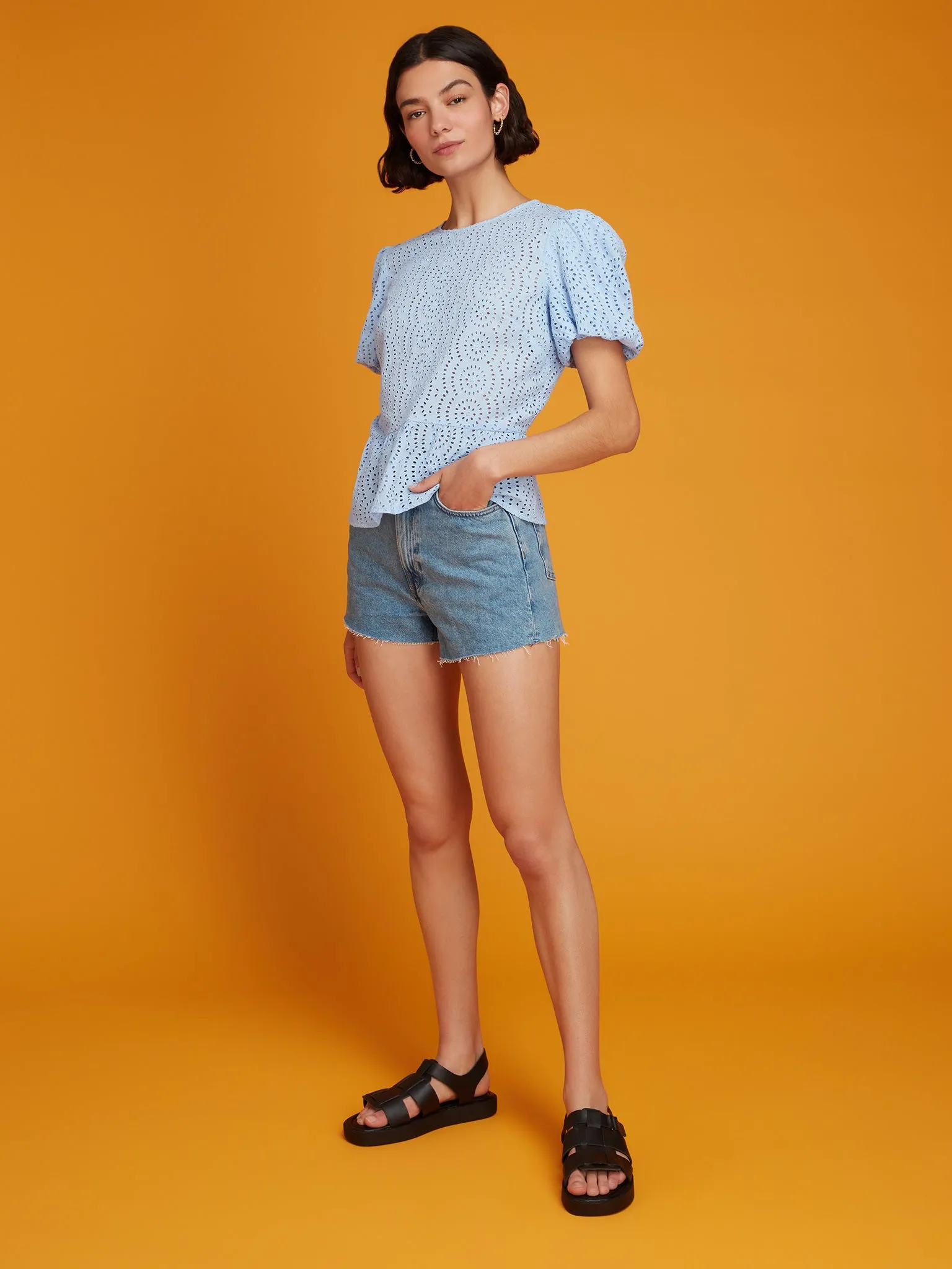 Dorothea Broderie Top in Blue sold by Omnes