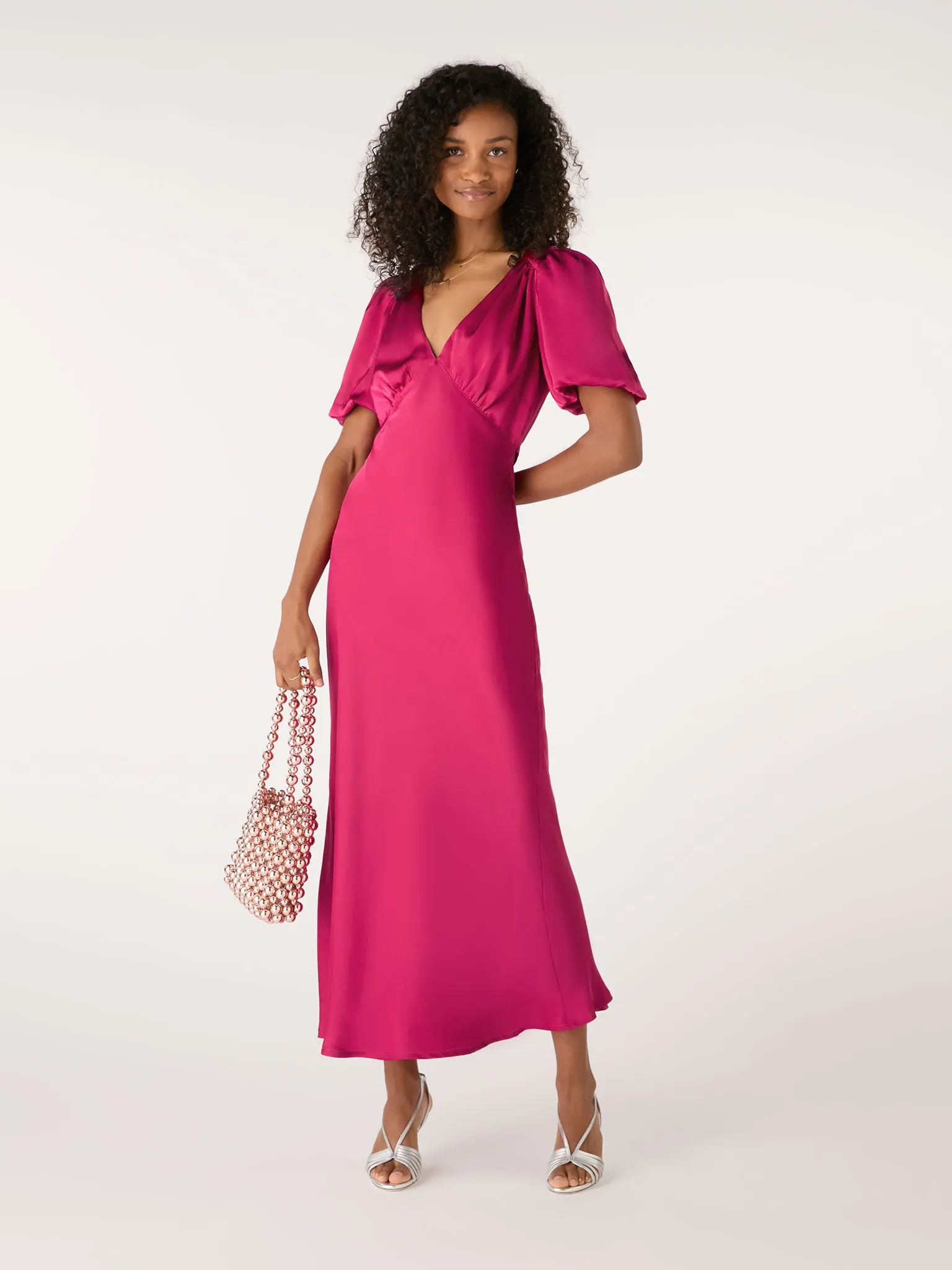 Rosie Ruched Puff Sleeve Dress in Magenta sold by Omnes