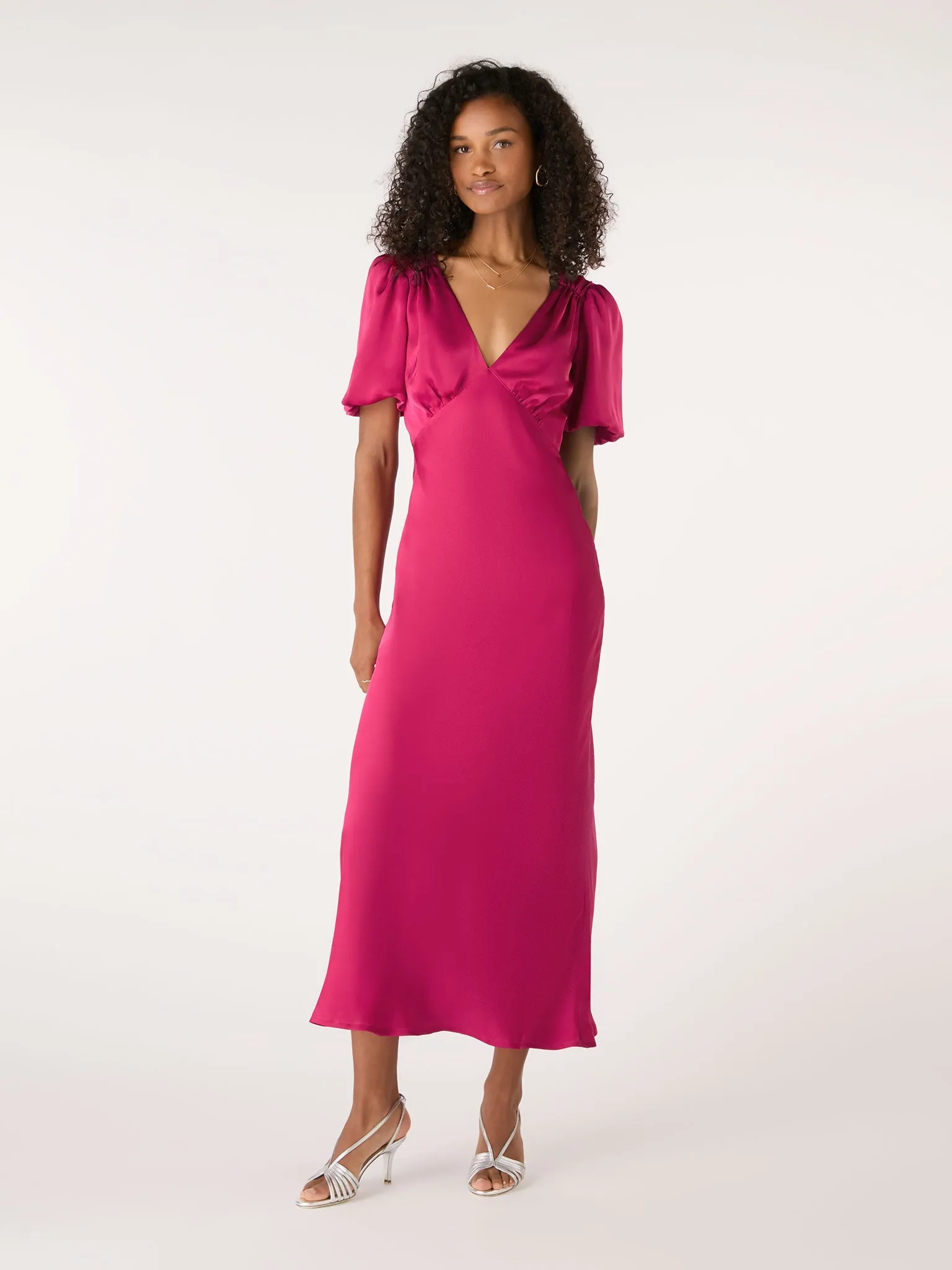 Rosie Ruched Puff Sleeve Dress in Magenta sold by Omnes product image thumbnail 4