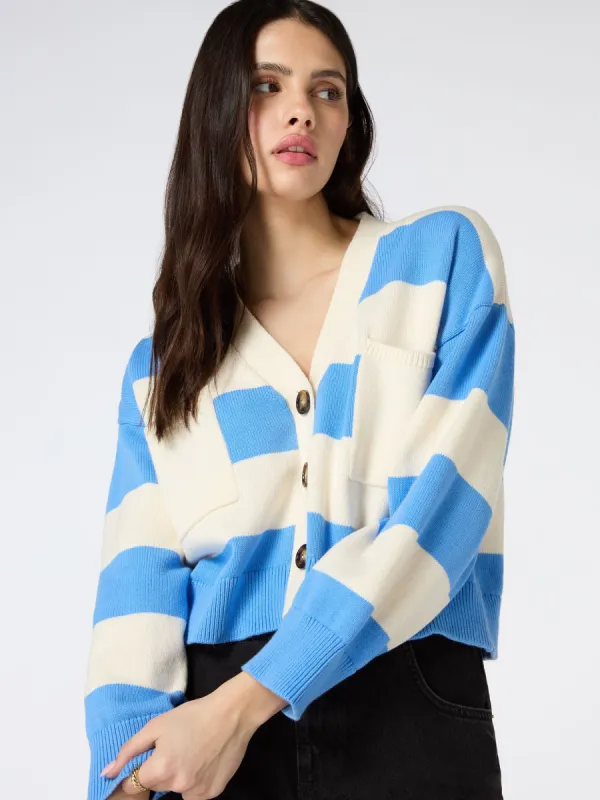 Heather Stripe Cardigan in Cream and Blue sold by Omnes