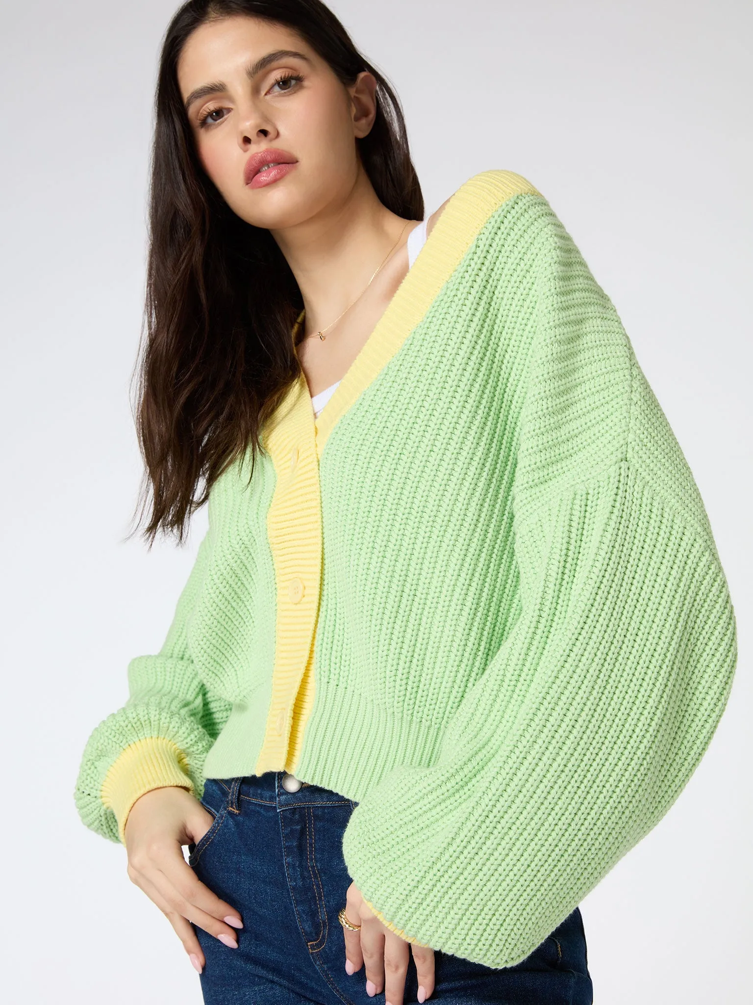 Hopper Oversized Cardigan in Mint and Yellow sold by Omnes