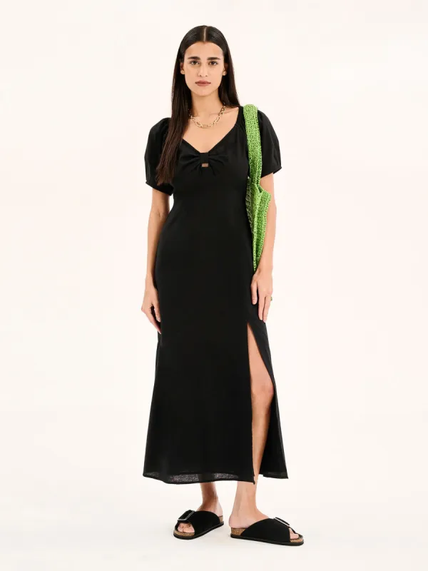 London Linen Bow Detail Midi Dress in Black sold by Omnes