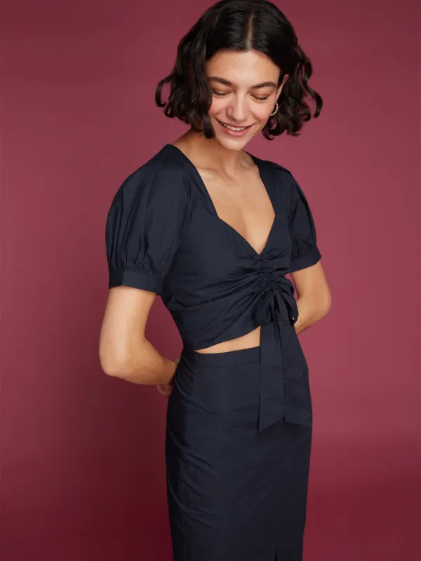 Huda Ruched Top in Dark Navy sold by Omnes