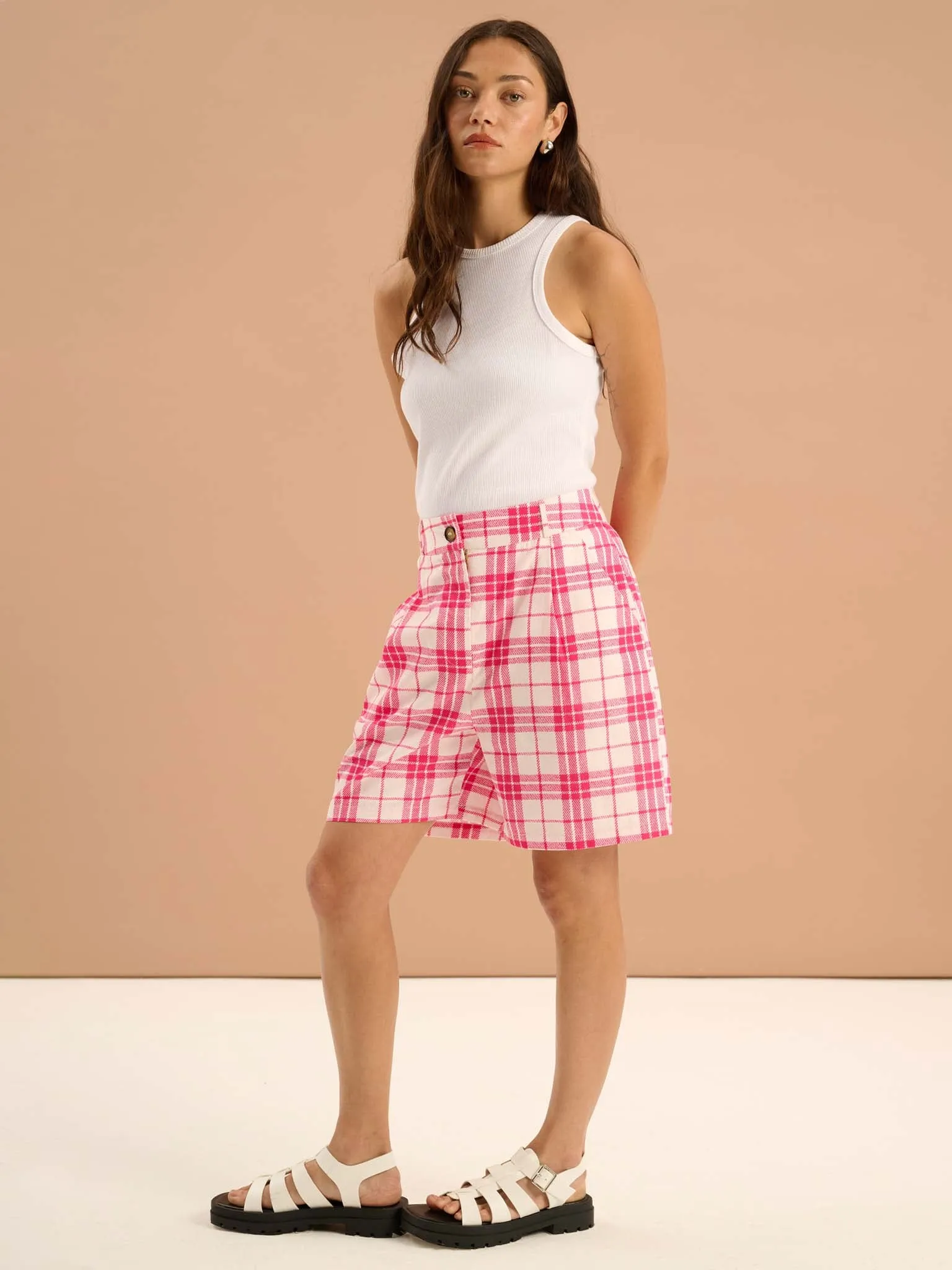 Carlina Pleat Front Check Print Shorts in Pink sold by Omnes product image thumbnail 2