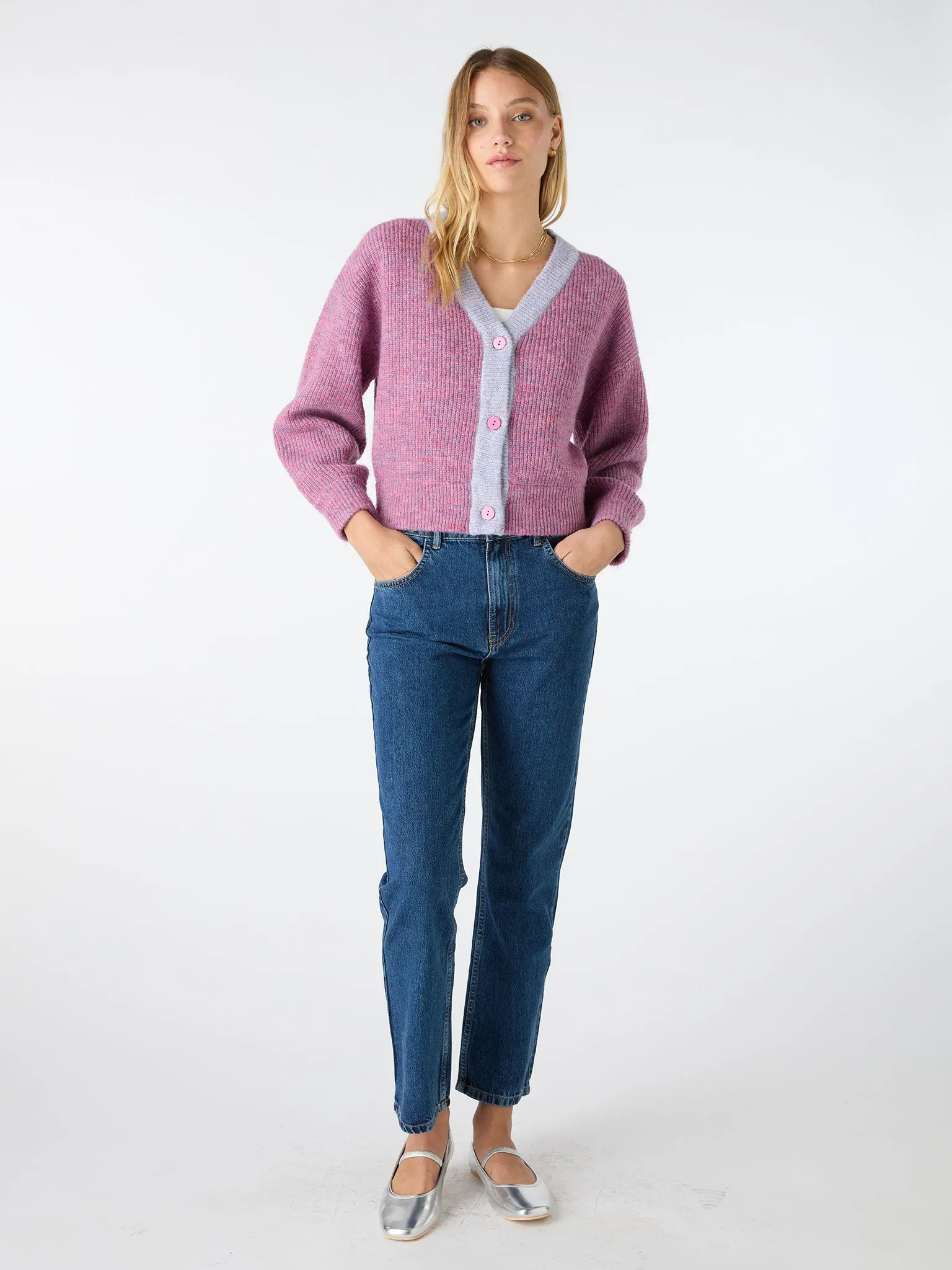 Hattie Colour Block Cardigan in Purple sold by Omnes
