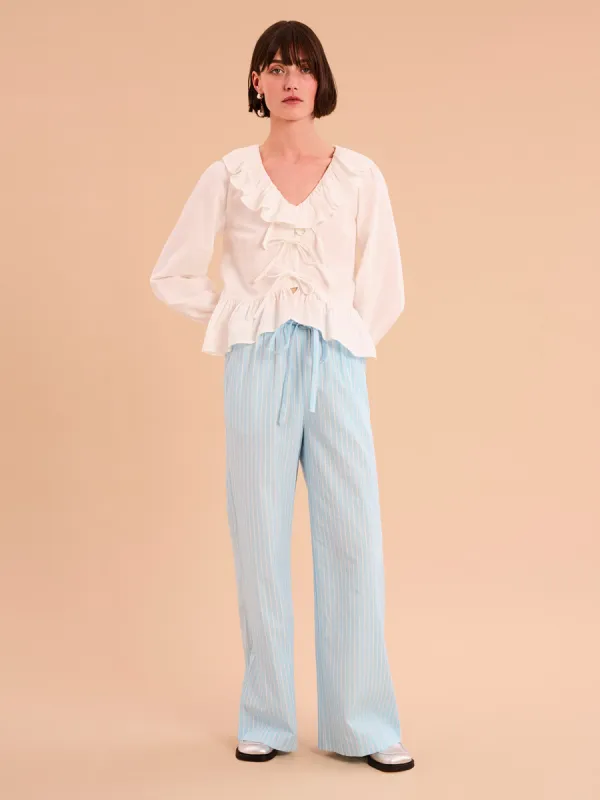 Ramela Elasticated Waist Trouser in Cream and Blue Stripe sold by Omnes