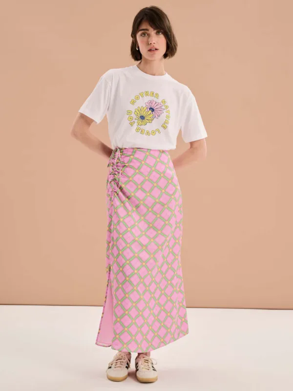 Madelyn Midi Skirt in Pink Check Print sold by Omnes