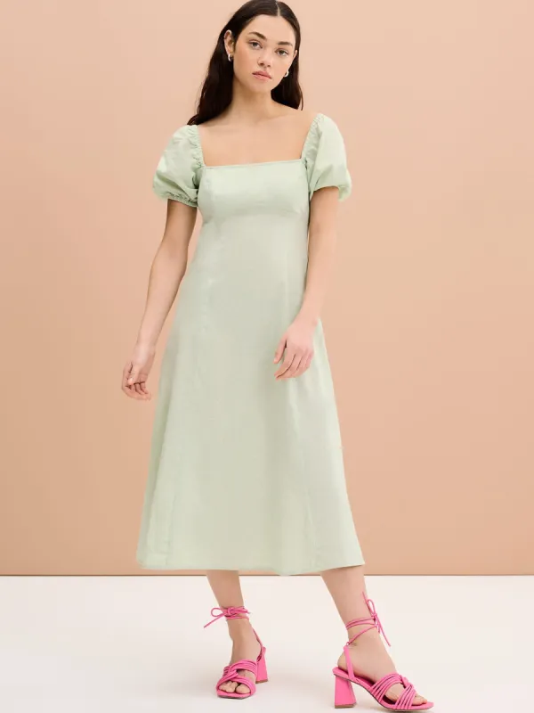 Harriet Linen Dress in Sage Green sold by Omnes