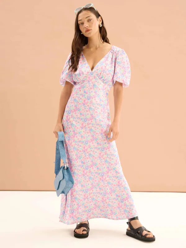 Rosie Ruched Puff Sleeve Dress in Sketched Floral Print sold by Omnes