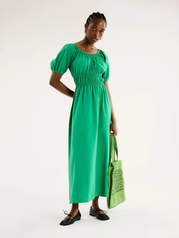 Arya Shirred Detail Round Neck Dress in Green sold by Omnes