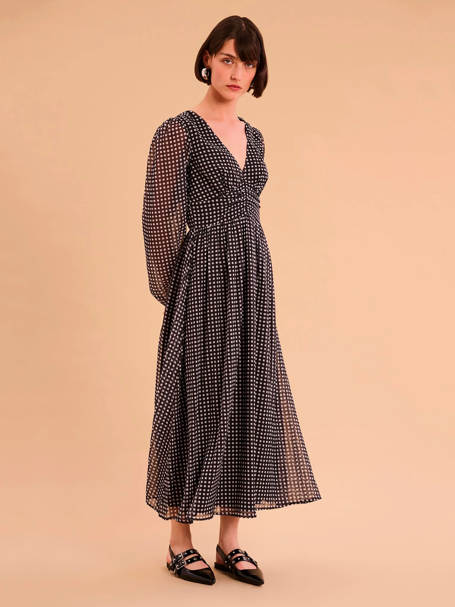 Gabriella Dress in Mono Gingham Print sold by Omnes