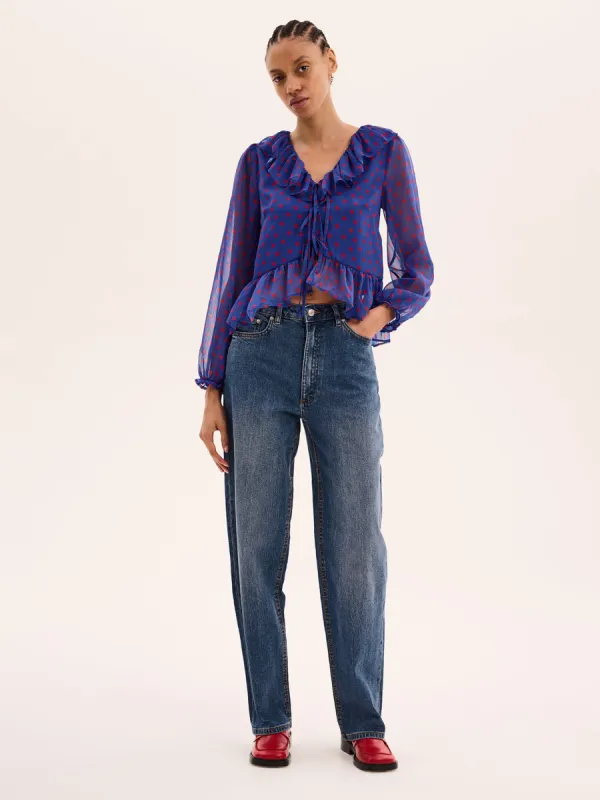 Selina Polka Dot Chiffon Top in Blue sold by Omnes