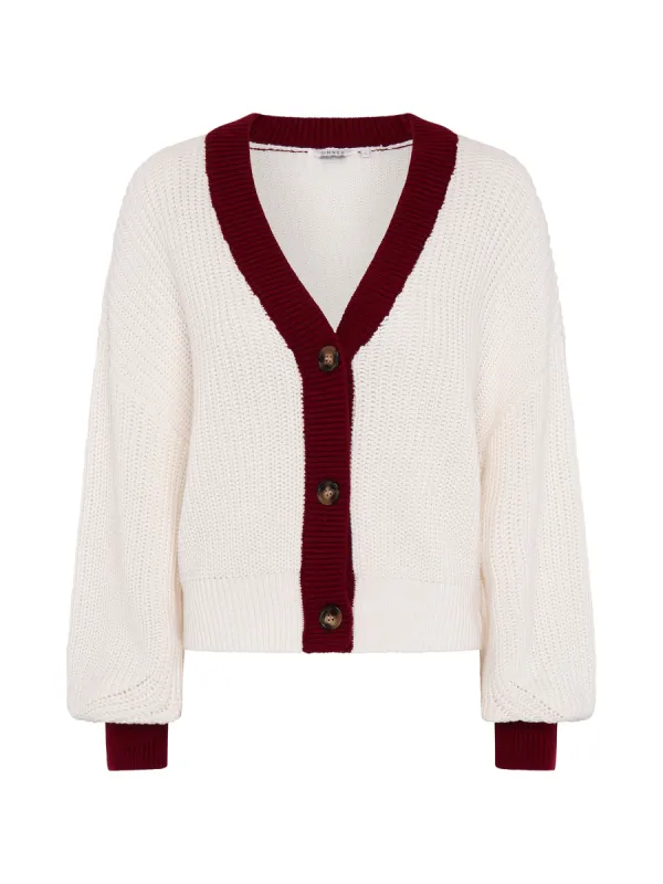 Hopper Cotton Cardigan in Cream/Burgundy sold by Omnes