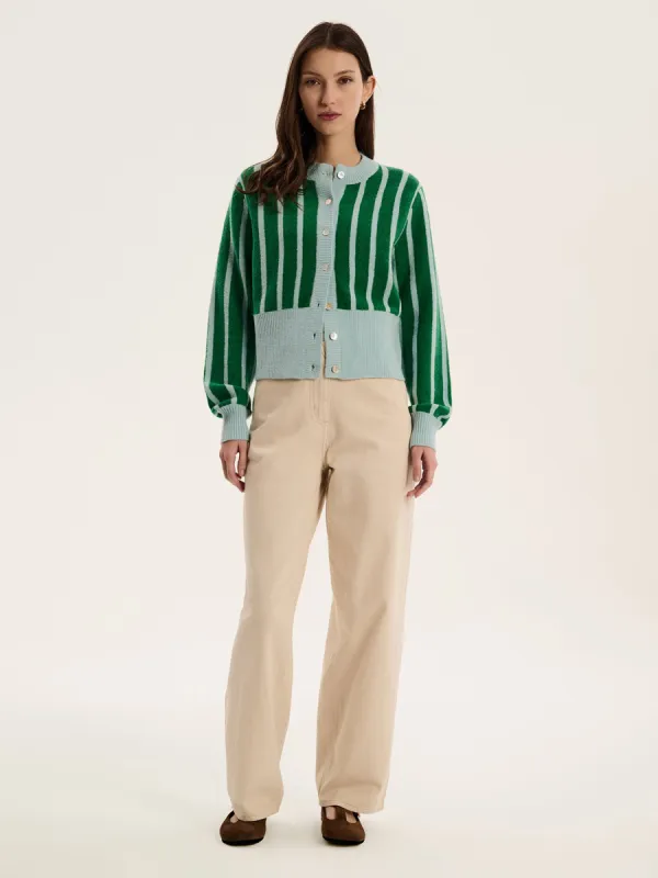 Flynn Stripe Cardigan in Green and Blue sold by Omnes