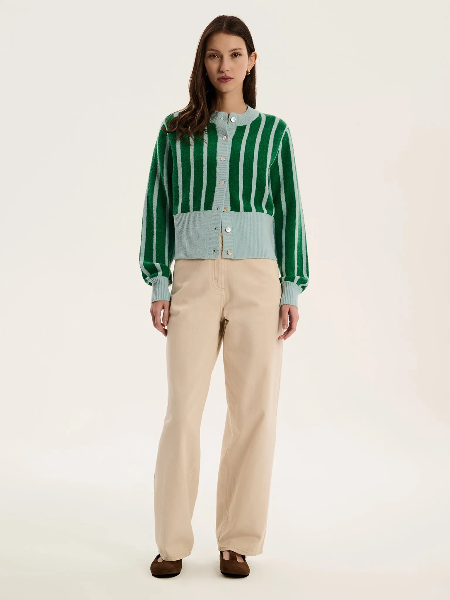 Flynn Stripe Cardigan in Green and Blue sold by Omnes