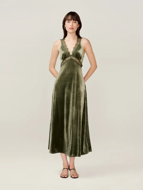 Aurelia Velvet Dress in Pear Green sold by Omnes
