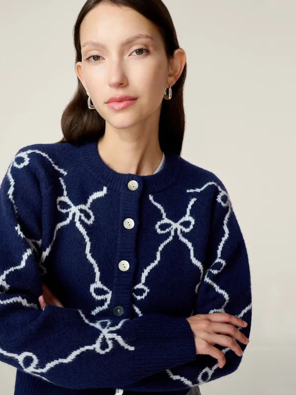 August Bow Check Cardigan in Navy made by Omnes