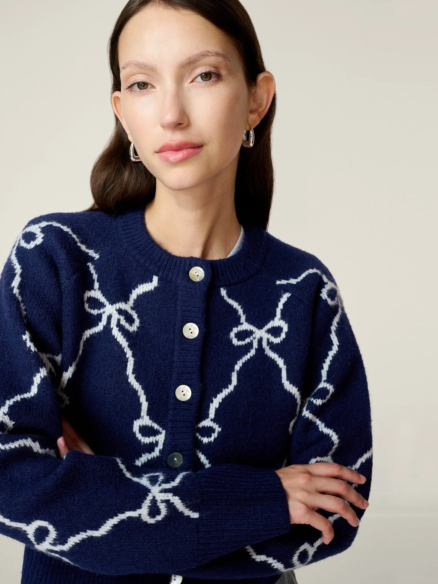 August Bow Check Cardigan in Navy sold by Omnes