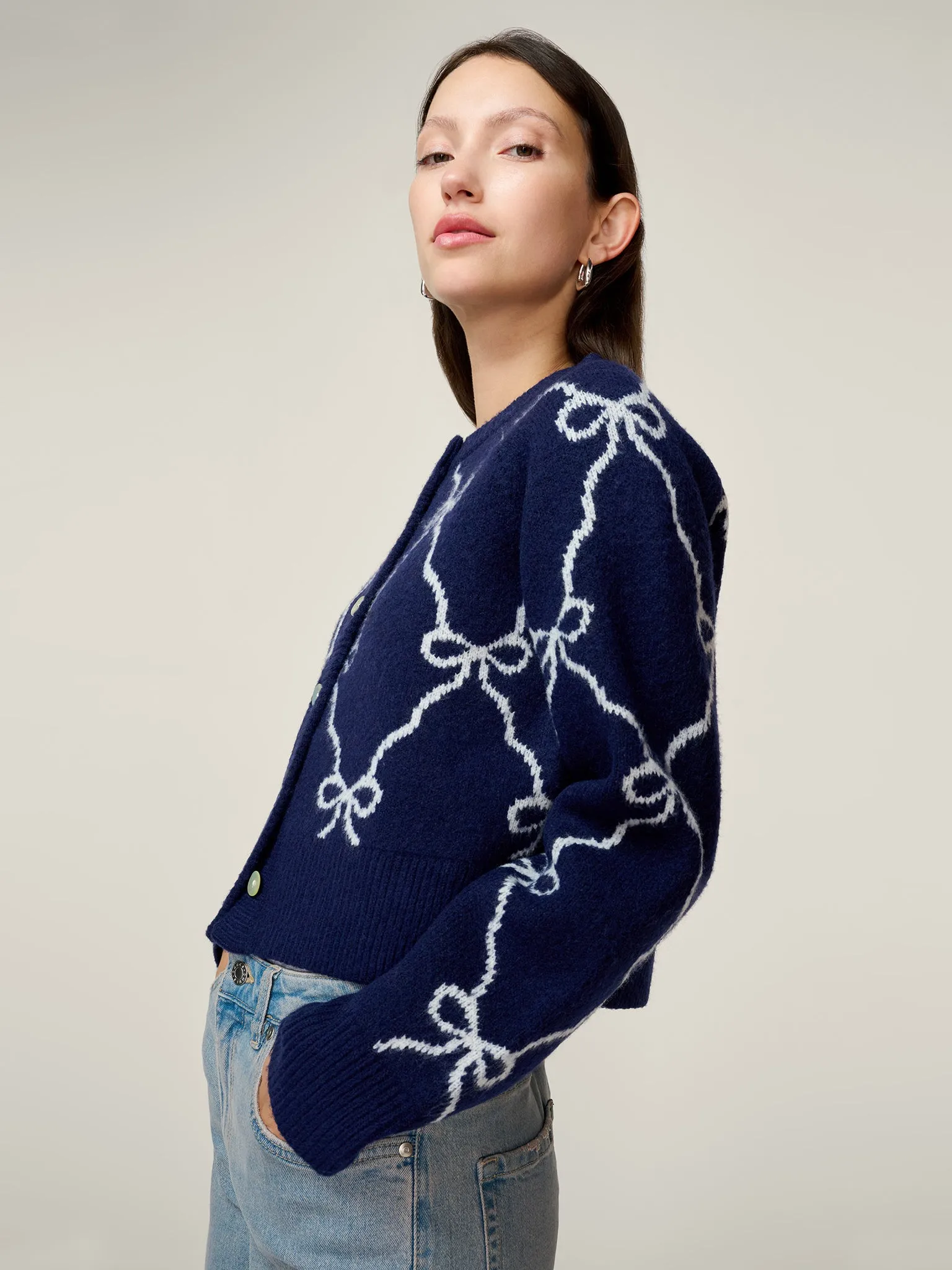 August Bow Check Cardigan in Navy sold by Omnes product image thumbnail 4